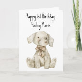 第1誕生日詰まったおもちゃパーソナライズされた犬 カード (正面)