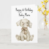 第1誕生日詰まったおもちゃパーソナライズされた犬 カード (黄色い花)