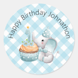 第1誕生日象男の赤ちゃんステッカープレイド ラウンドシール