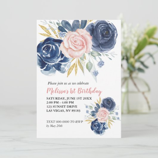 第1誕生日赤面ピンクネイビーブルーフローラ写真 招待状 (スタンド正面)