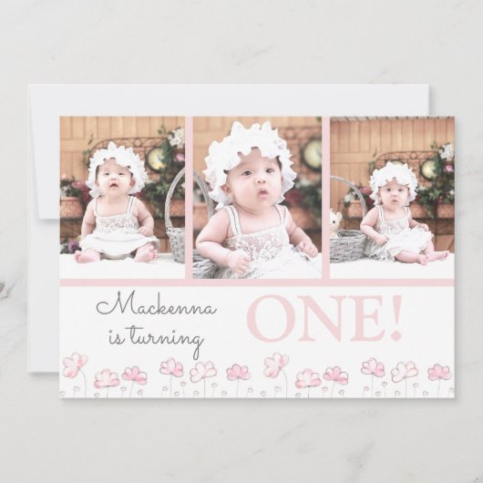 第1誕生日赤面ピンクフローラフォトコラージュ 招待状 (正面)