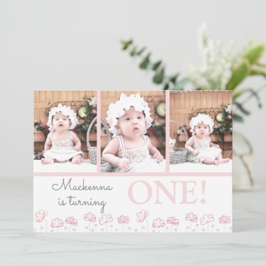 第1誕生日赤面ピンクフローラフォトコラージュ 招待状 (スタンド正面)