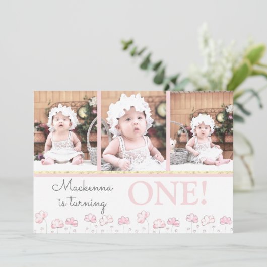 第1誕生日赤面ピンク金ゴールドフォトコラージュ 招待状 (スタンド正面)