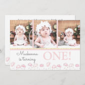 第1誕生日赤面ピンク金ゴールドフォトコラージュ 招待状 (正面/裏面)