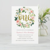 第1誕生日赤面金ゴールドフローラリース招待状 招待状 (スタンド正面)