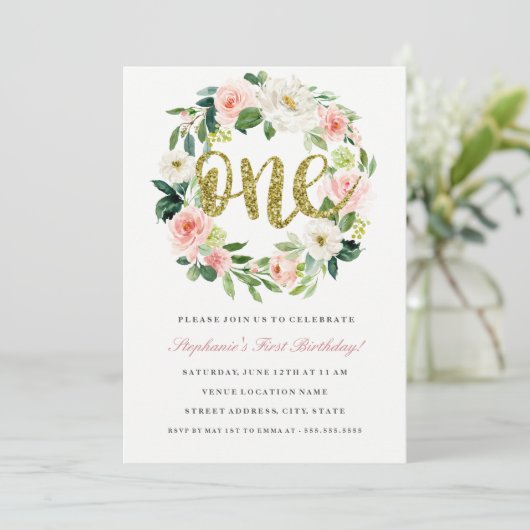 第1誕生日赤面金ゴールドフローラリース招待状 招待状 (スタンド正面)