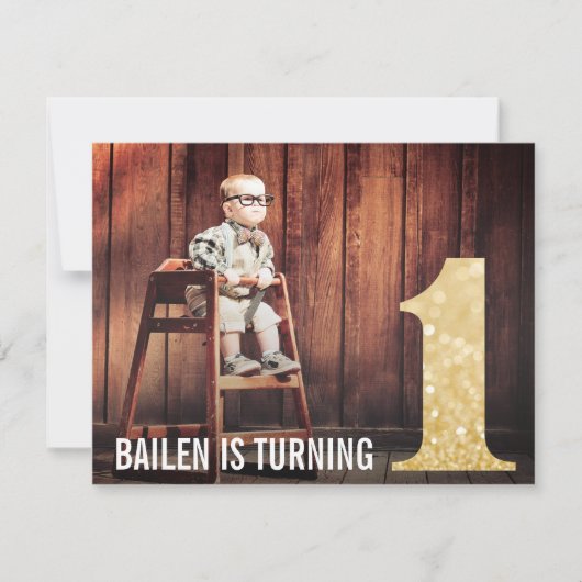 第1誕生日金ゴールドグリッターワンフォト招待状 招待状 (正面)