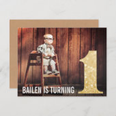 第1誕生日金ゴールドグリッターワンフォト招待状 招待状 (正面/裏面)