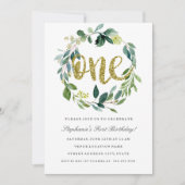 第1誕生日金ゴールドグリーンフローラリース招待状 招待状 (正面)