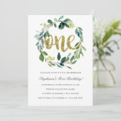 第1誕生日金ゴールドグリーンフローラリース招待状 招待状 (スタンド正面)