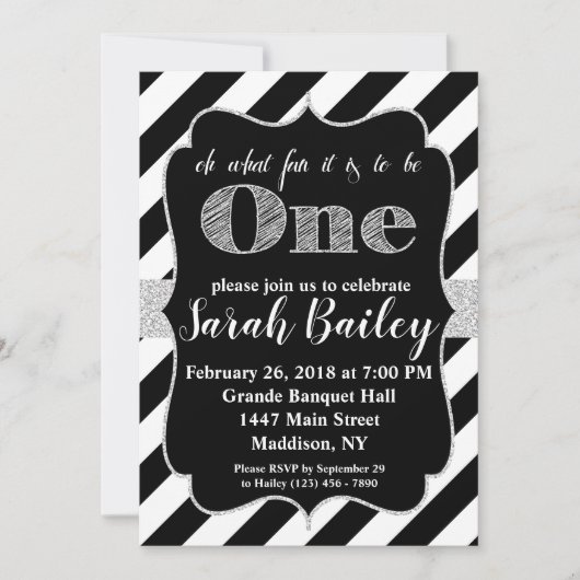 第1誕生日銀グリッター誕生日招待状 招待状 (正面)