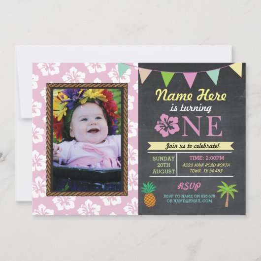第1誕生日1アロハトロピカルフォトパーティー招待状 招待状 (正面)