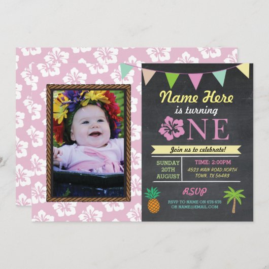 第1誕生日1アロハトロピカルフォトパーティー招待状 招待状 (正面/裏面)