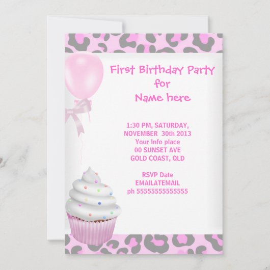 第1誕生日1stガールピンクカップケーキベビーヒョウ 招待状 (裏面)
