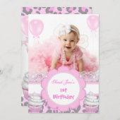 第1誕生日1stガールピンクカップケーキベビーヒョウ 招待状 (正面/裏面)