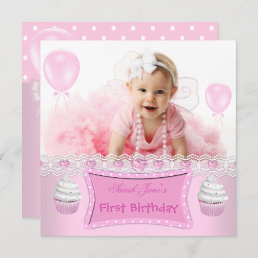 第1誕生日1stガールピンクカップケーキベビー2 招待状 (正面/裏面)