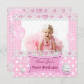 第1誕生日1stガールピンクベビー水玉模様 招待状 (正面/裏面)