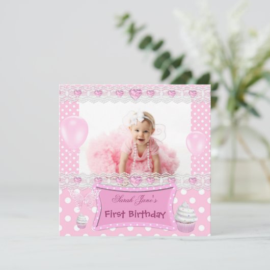 第1誕生日1stガールピンクベビー水玉模様 招待状 (スタンド正面)