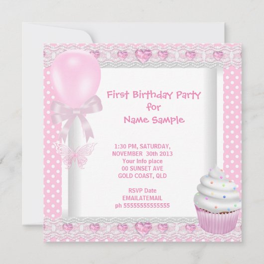 第1誕生日1stガールピンクベビー水玉模様 招待状 (裏面)