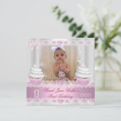 第1誕生日1stガールホワイトピンクカップケーキベビー2 招待状 (スタンド正面)