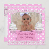 第1誕生日1stガールホワイトピンクカップケーキベビー6 招待状 (正面/裏面)