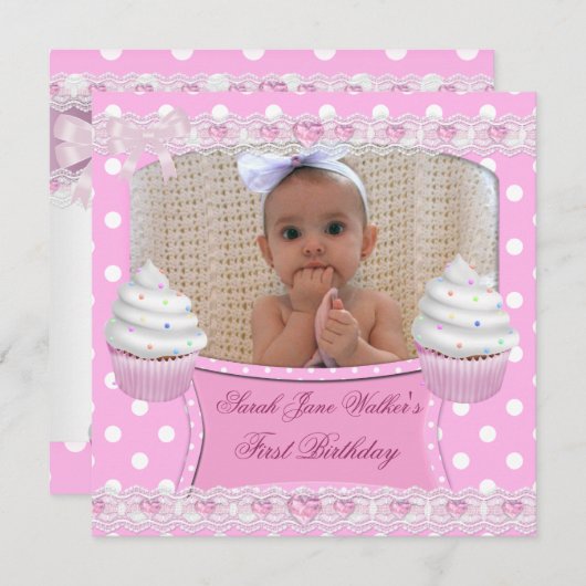 第1誕生日1stガールホワイトピンクカップケーキベビー6 招待状 (正面/裏面)