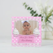 第1誕生日1stガールホワイトピンクカップケーキベビー6 招待状 (スタンド正面)