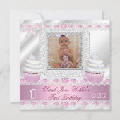 第1誕生日1stガールホワイトピンクハートベビー 招待状 (正面)