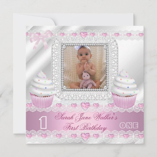 第1誕生日1stガールホワイトピンクハートベビー 招待状 (正面)