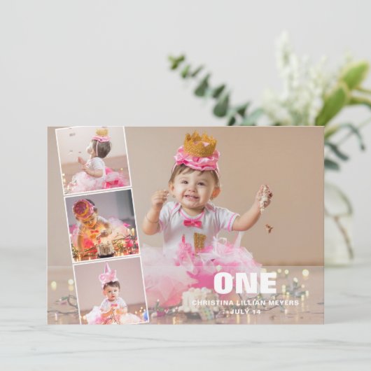 第1誕生日4フォトコラージュの誕生のお知らせ シーズンカード (スタンド正面)