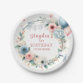 第1誕生日 – 水彩花と風船 ペーパープレート