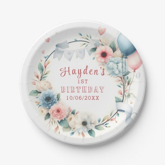第1誕生日 – 水彩花と風船 ペーパープレート (正面)