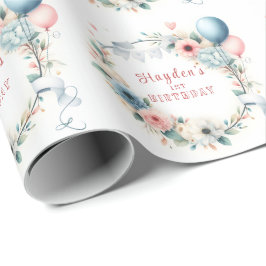 第1誕生日 – 水彩花と風船 ラッピングペーパー