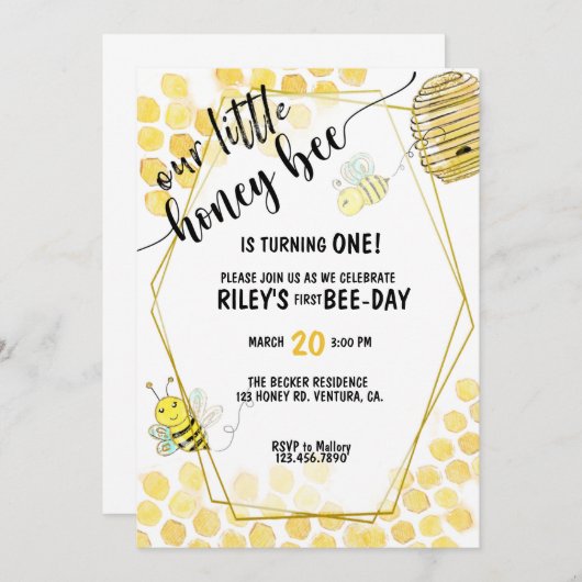 第1誕生日、蜂パーティー、蜂をテーマにした 招待状 (正面/裏面)