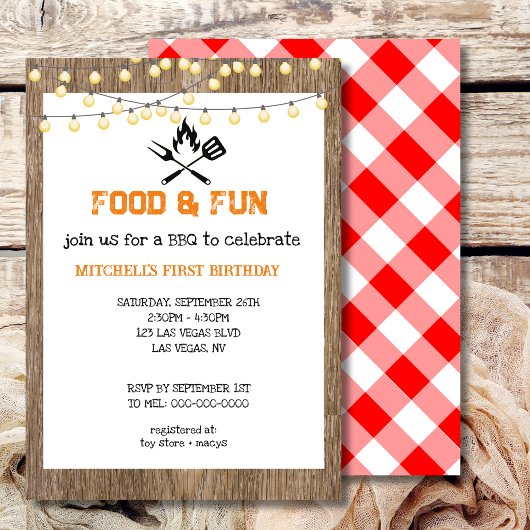 第1誕生日BBQ赤い格子縞ギンガム 招待状