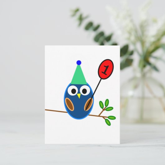 第1誕生祝いかわいいフクロウ ポストカード (スタンド正面)
