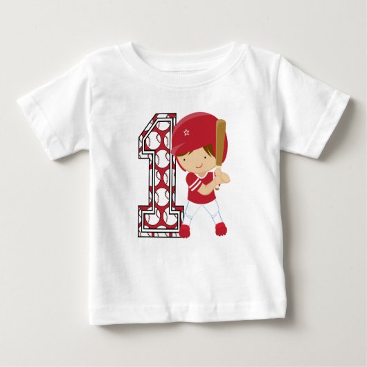 第1赤と白誕生日の野球のねり粉 ベビーTシャツ (正面)