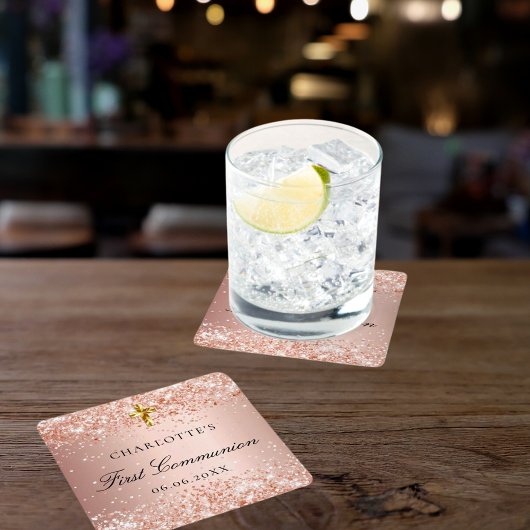 第1通信赤面バラ金ゴールドグリッター名 スクエアペーパーコースター