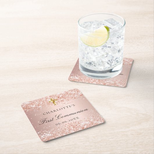 第1通信赤面バラ金ゴールドグリッター名 スクエアペーパーコースター (インサイチュ)