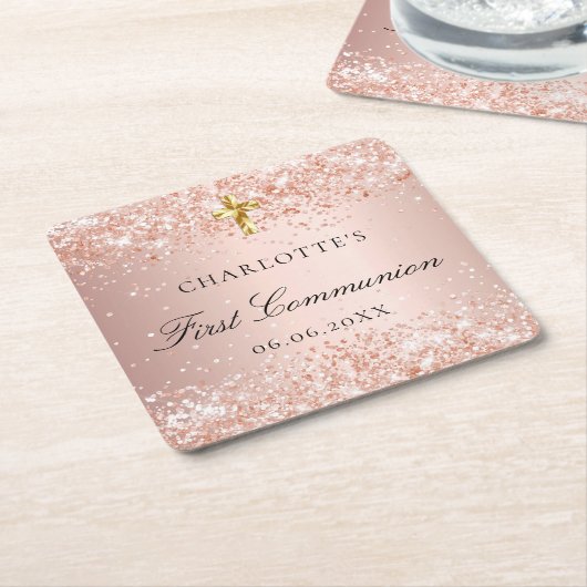 第1通信赤面バラ金ゴールドグリッター名 スクエアペーパーコースター (アングル)