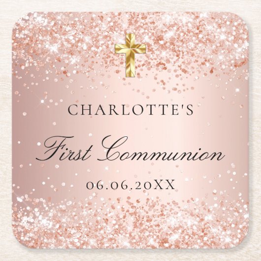 第1通信赤面バラ金ゴールドグリッター名 スクエアペーパーコースター (正面)