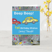 第1青い誕生日の男の子車 カード (黄色い花)