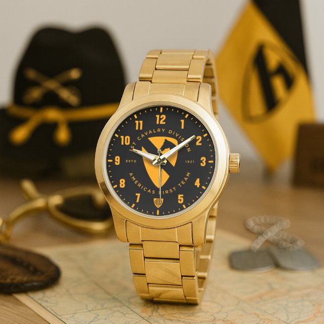 第1騎兵師団 "アメリカズ・ファースト・チーム" トリビュート時計 腕時計 (1st Cavalry Division "America's First Team" Tribute Gold Stainless Steel Watch)