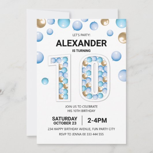第10回バースデーパーティー、ブルーと金ゴールドバルーンボーイ 招待状 (正面)