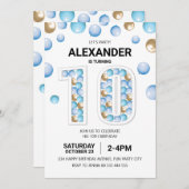 第10回バースデーパーティー、ブルーと金ゴールドバルーンボーイ 招待状 (正面/裏面)