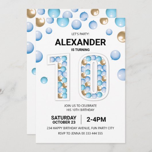 第10回バースデーパーティー、ブルーと金ゴールドバルーンボーイ 招待状 (正面/裏面)