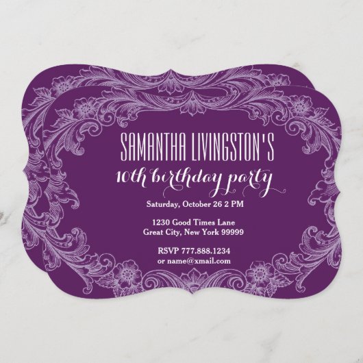 第10誕生会のテンプレートの紫色のヴィンテージV06 招待状 (正面/裏面)