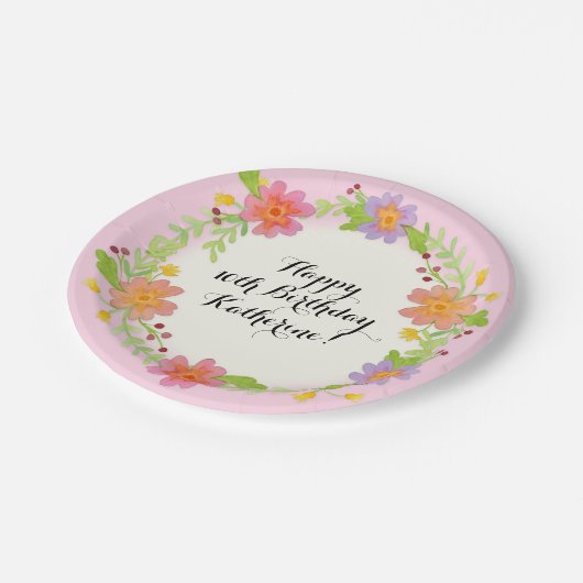 第10誕生会の水彩画のモダンの花柄 ペーパープレート (アングル)