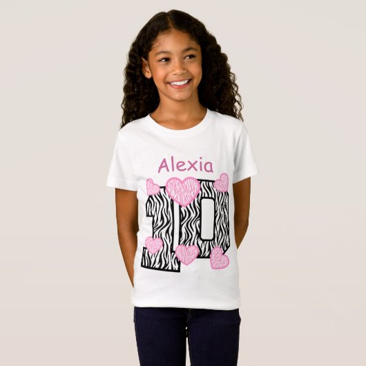 第10誕生日のシマウマのピンクのハートの名前をカスタムする3 Tシャツ (正面フル)