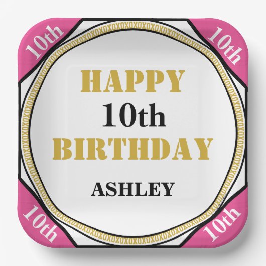 第10誕生日エレガントピンク金ゴールド ペーパープレート (正面)